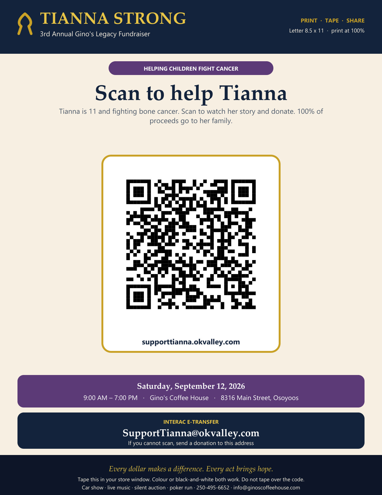 Preview of the Tianna Strong window poster: a gold-framed QR code, September 12 at Gino's Coffee House, and the e-Transfer address.